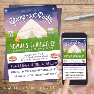 fun girly glamping birthday party or just because invitation