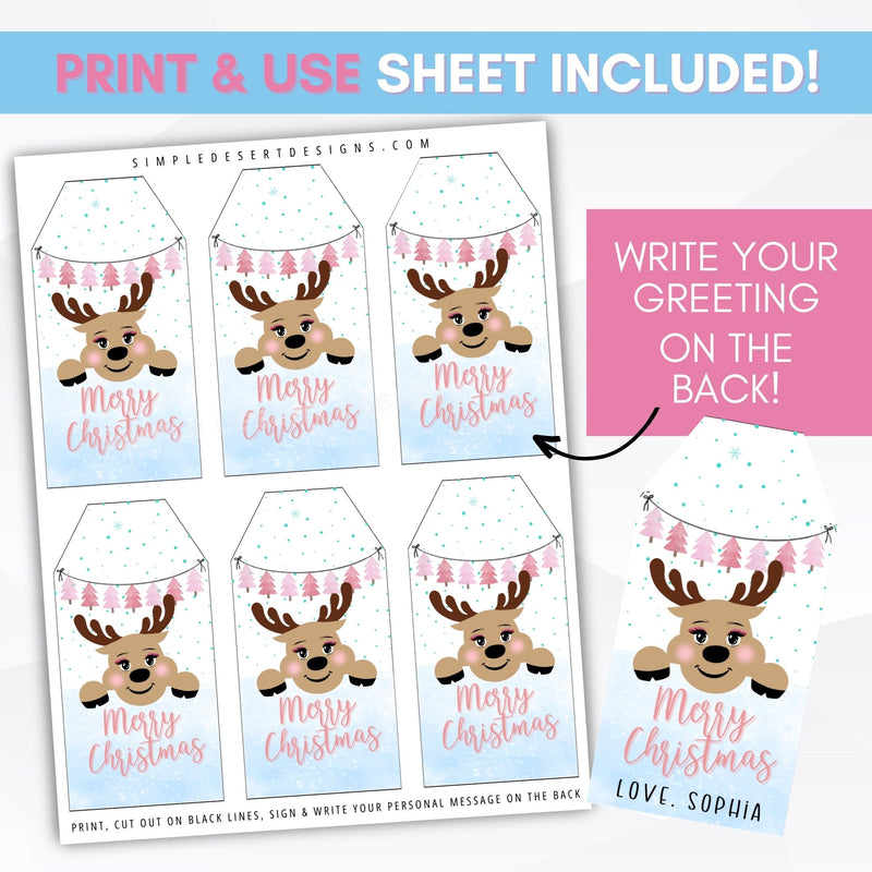 last minute printable merry christmas gift tags with cute reindeer and pink accents