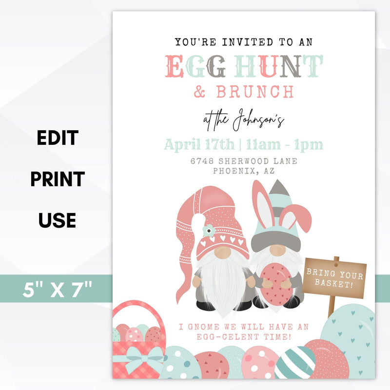 Gnome Easter brunch egg hunt invitations