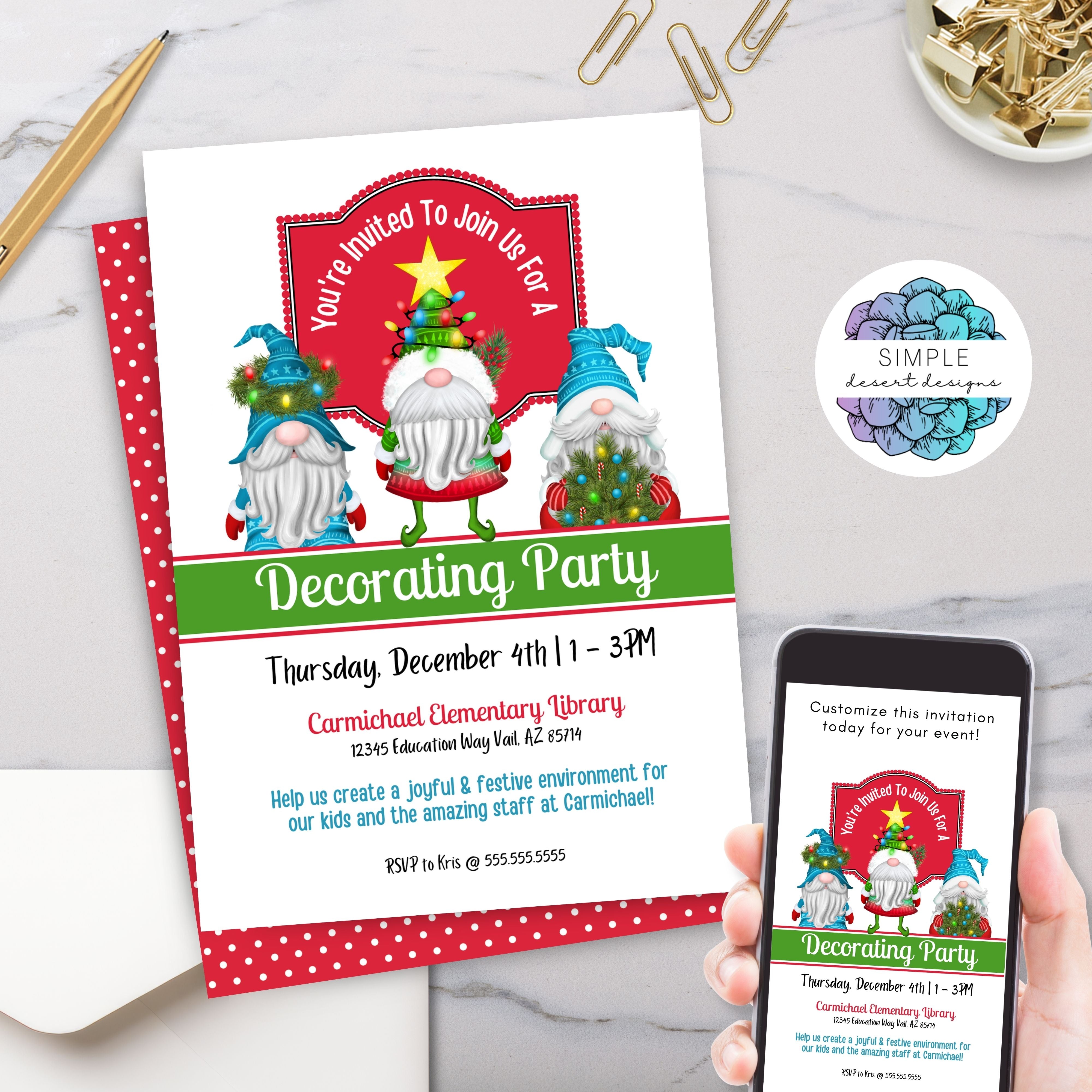 cute holiday gnomes theme christmas party invitation with editable text