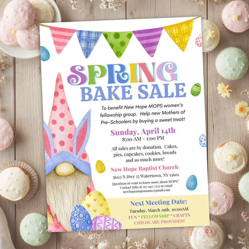 Spring Bake Sale flyer with colorful design on a wooden background with pastel cupcakes.