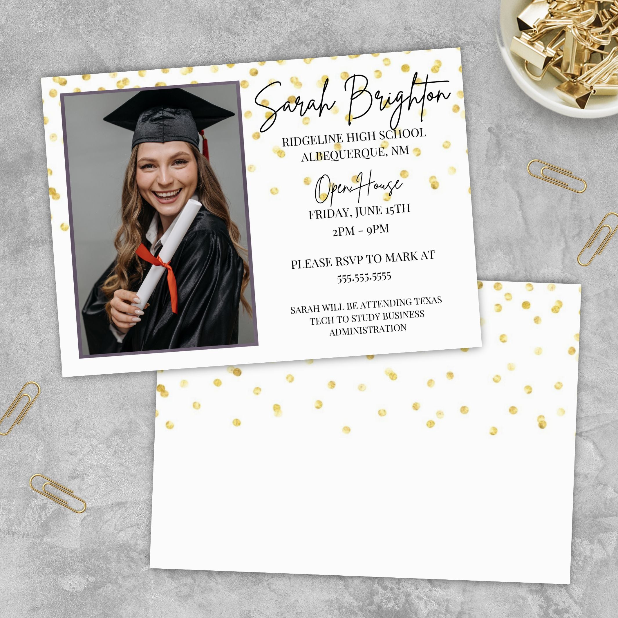 Graduation invitation with a photo of a graduate on a gray surface with decorative elements.
