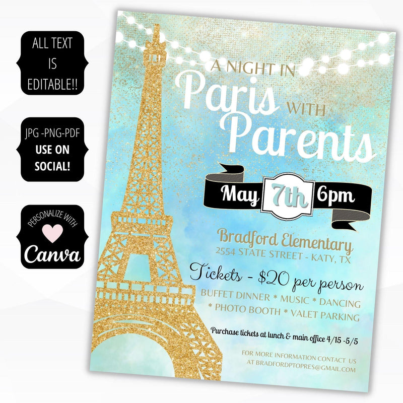 Parisian Night in Paris School Dance Prom Dance Flyer Sign Set