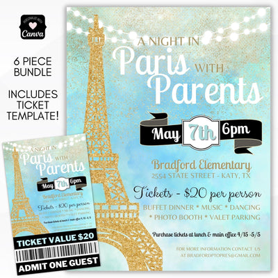 Parisian Night in Paris themed school dance prom flyer sign poster ticket template for school pto pta ptc church community fundraiser
