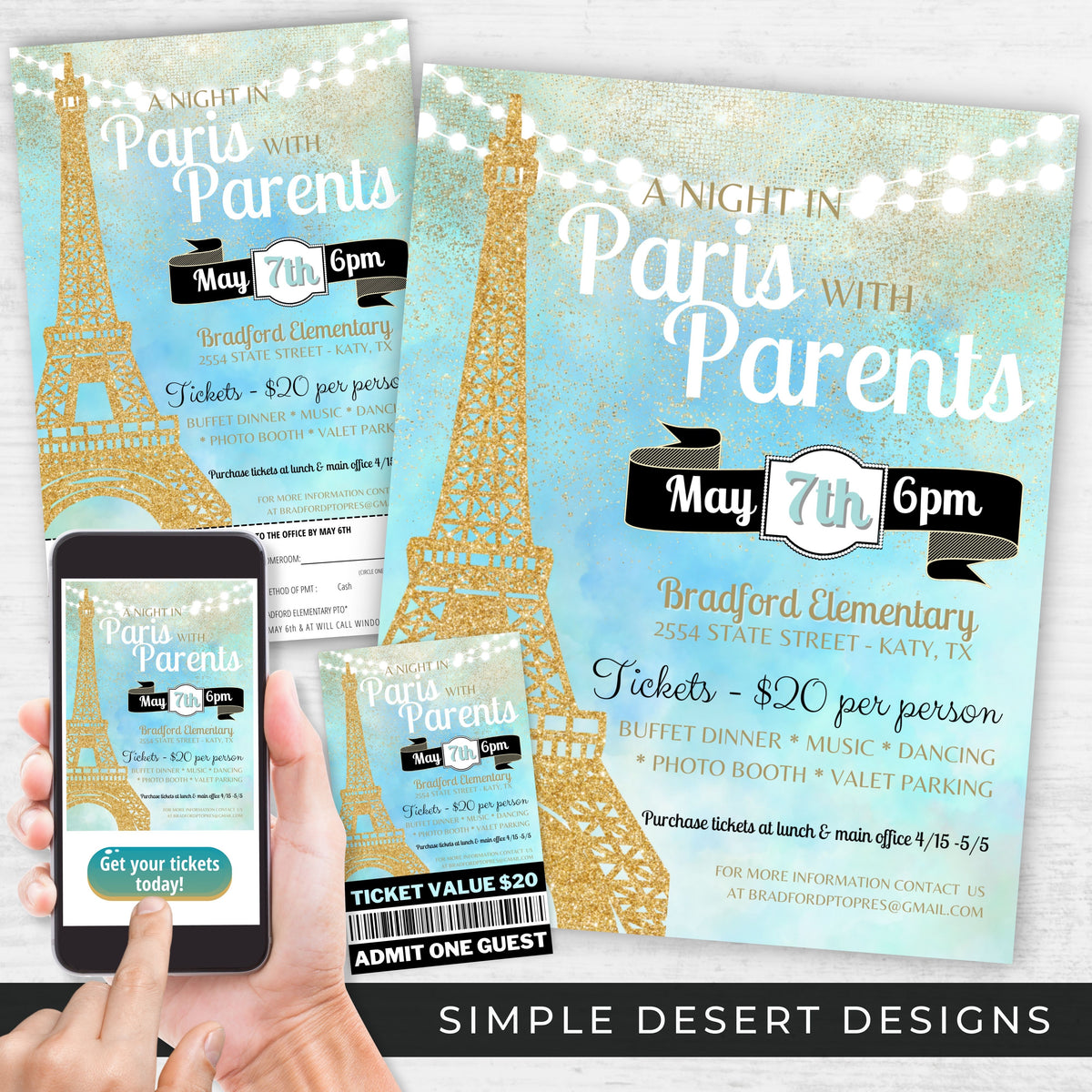 Gold Paris Dance Flyer & Ticket Bundle - Simple Desert Designs