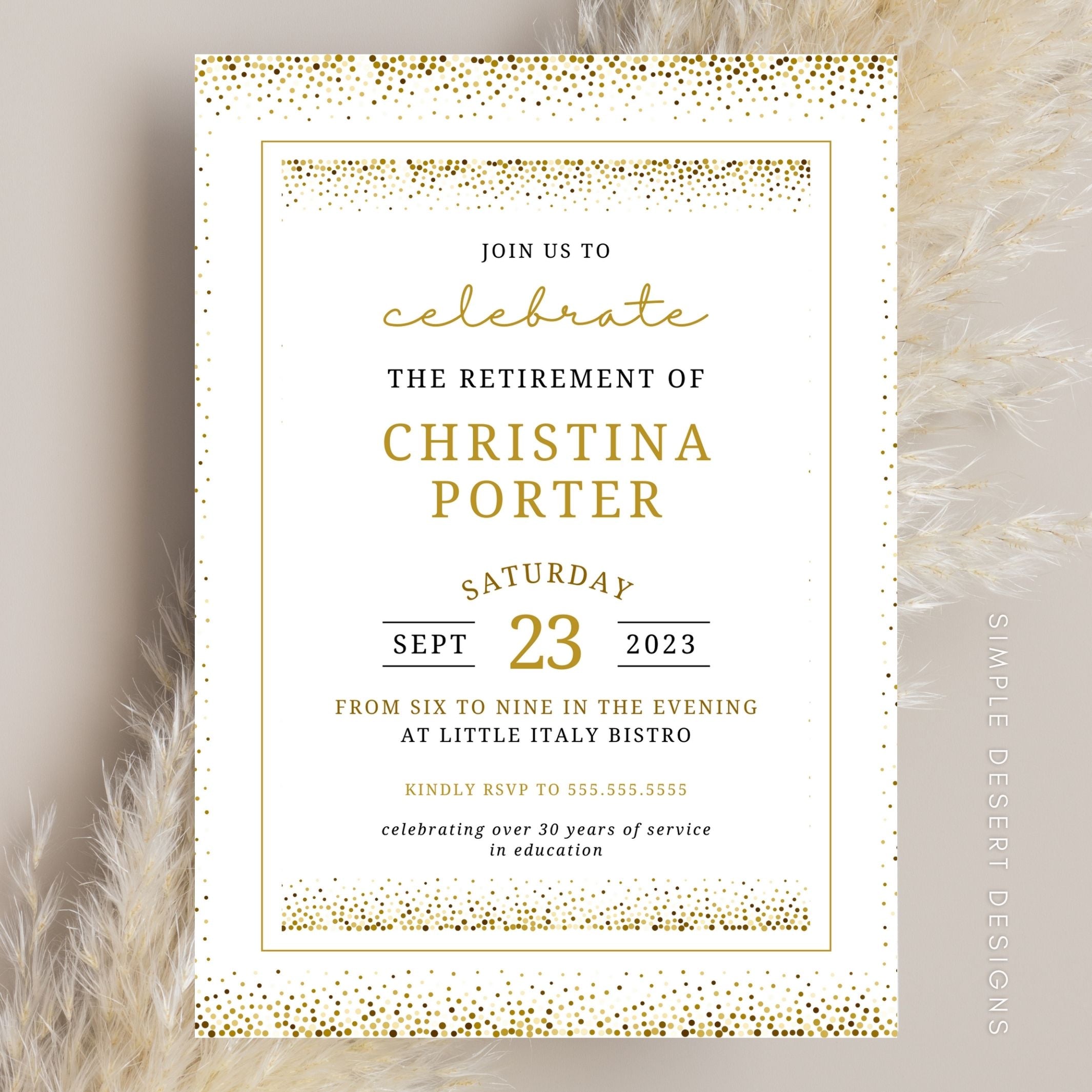 modern retirement reception invitation with simple gold white and black design