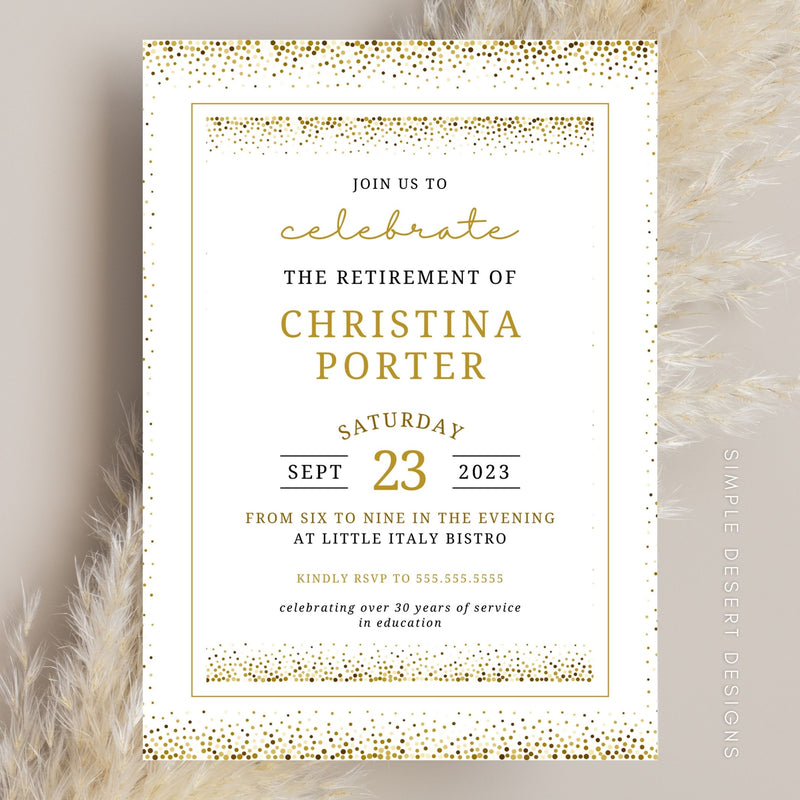 modern retirement reception invitation with simple gold white and black design
