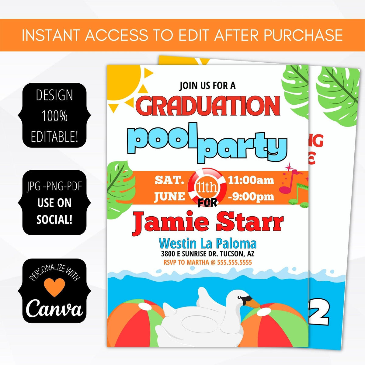 Editable Grad Pool Party Invitation - Simple Desert Designs
