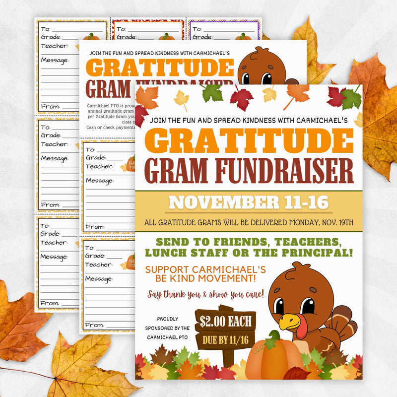editable fall theme gratitude gram fundraiser flyer template with candy grams distribution flyer and full candy gram sheet with cutouts for diy fundraising for schools and church. personalize in Canva for fun and inexpensive character building activity by Simple Desert Designs