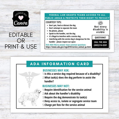 ADA law cards for service dogs and service teams