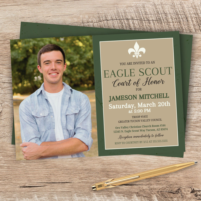 Eagle Scout Court of Honor invitation with a photo of a young man on a wooden surface.