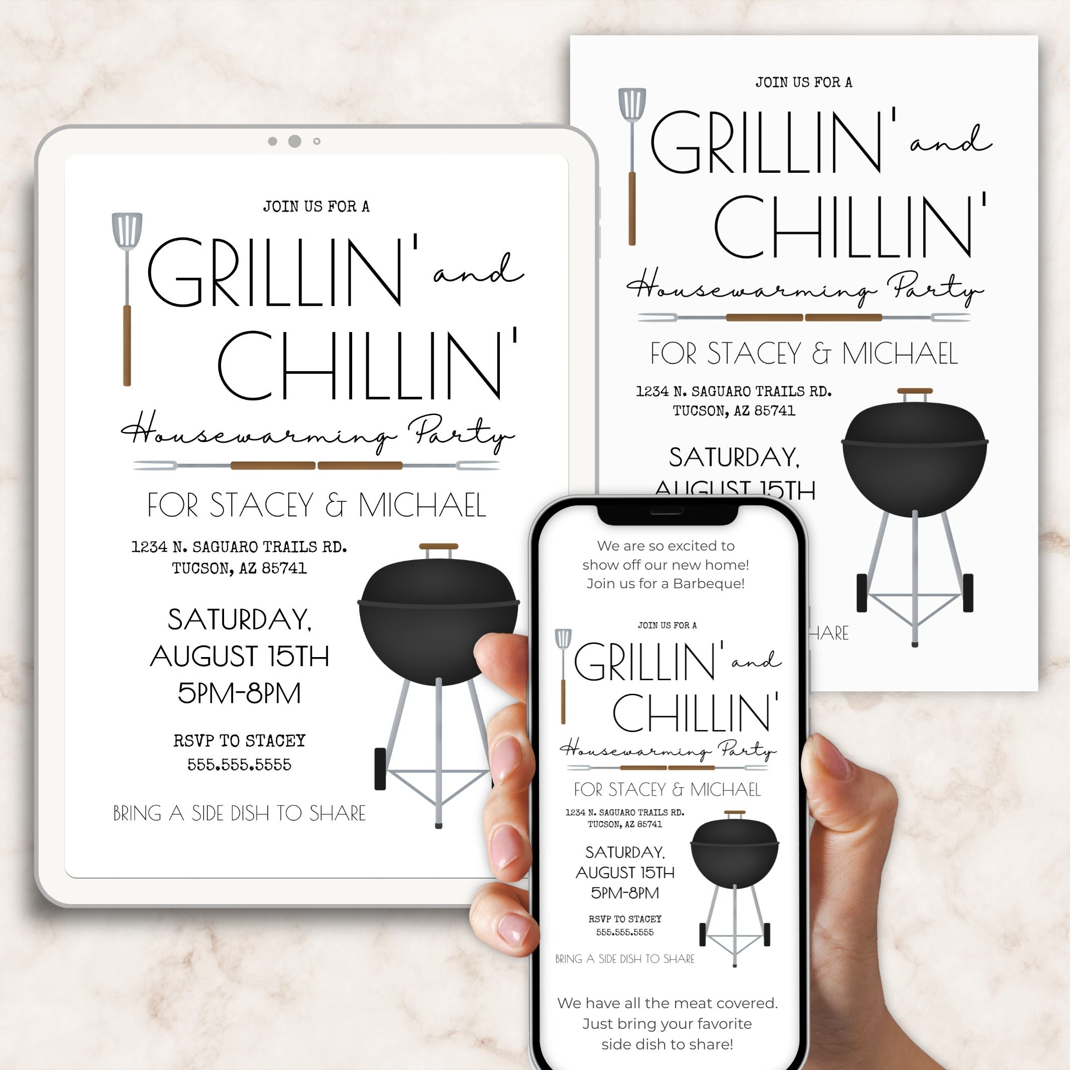 Housewarming party invitations with grill graphics on a light background
