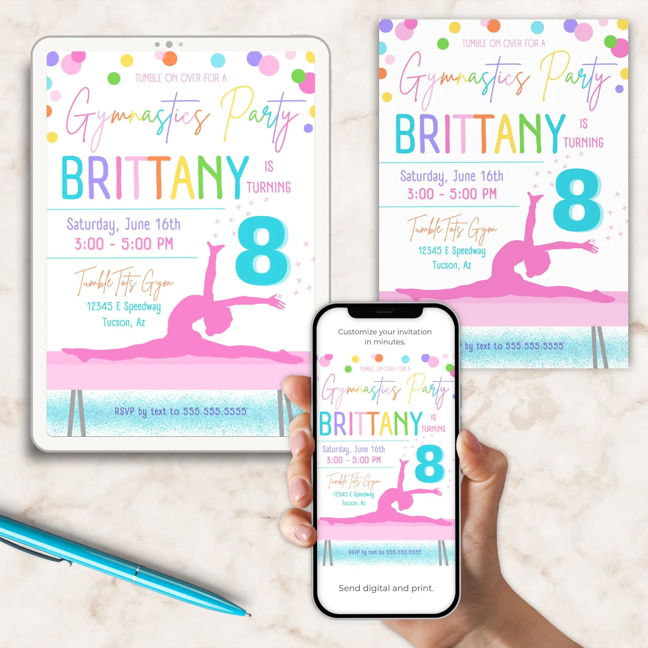 Gymnastics party invitation with multicolor name and editable elements with digital version on a phone, held by a hand.