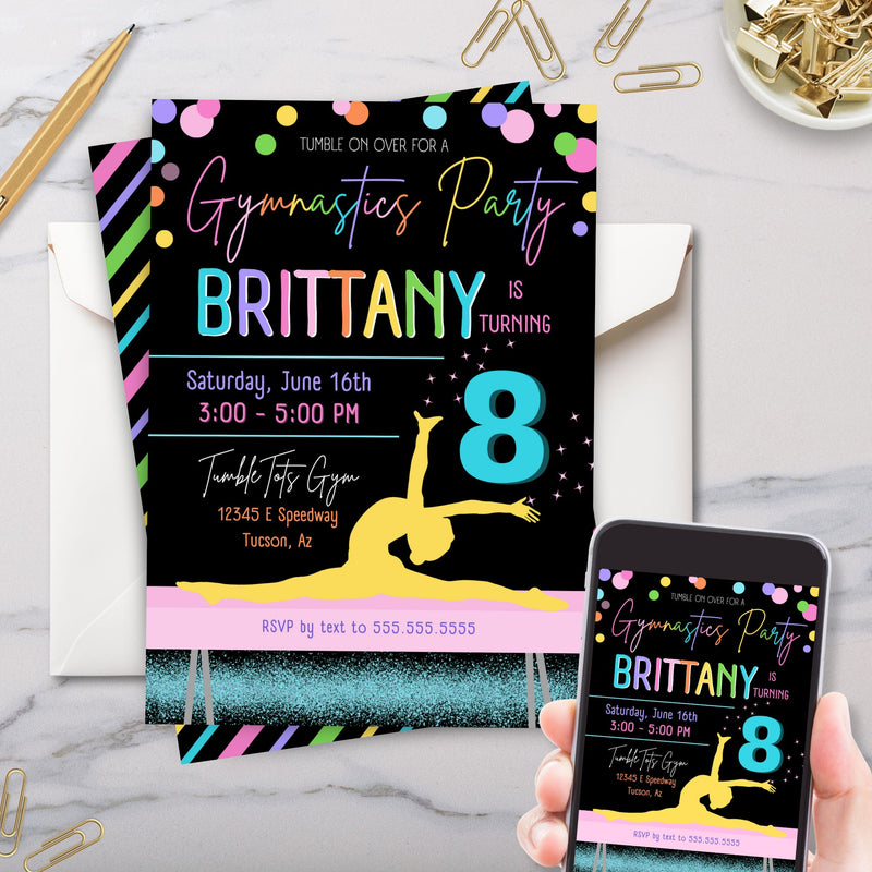 colorful gymnastics birthday party invitation with girl on balance beam shown on white marble surface and phone with gold paperclips and pen