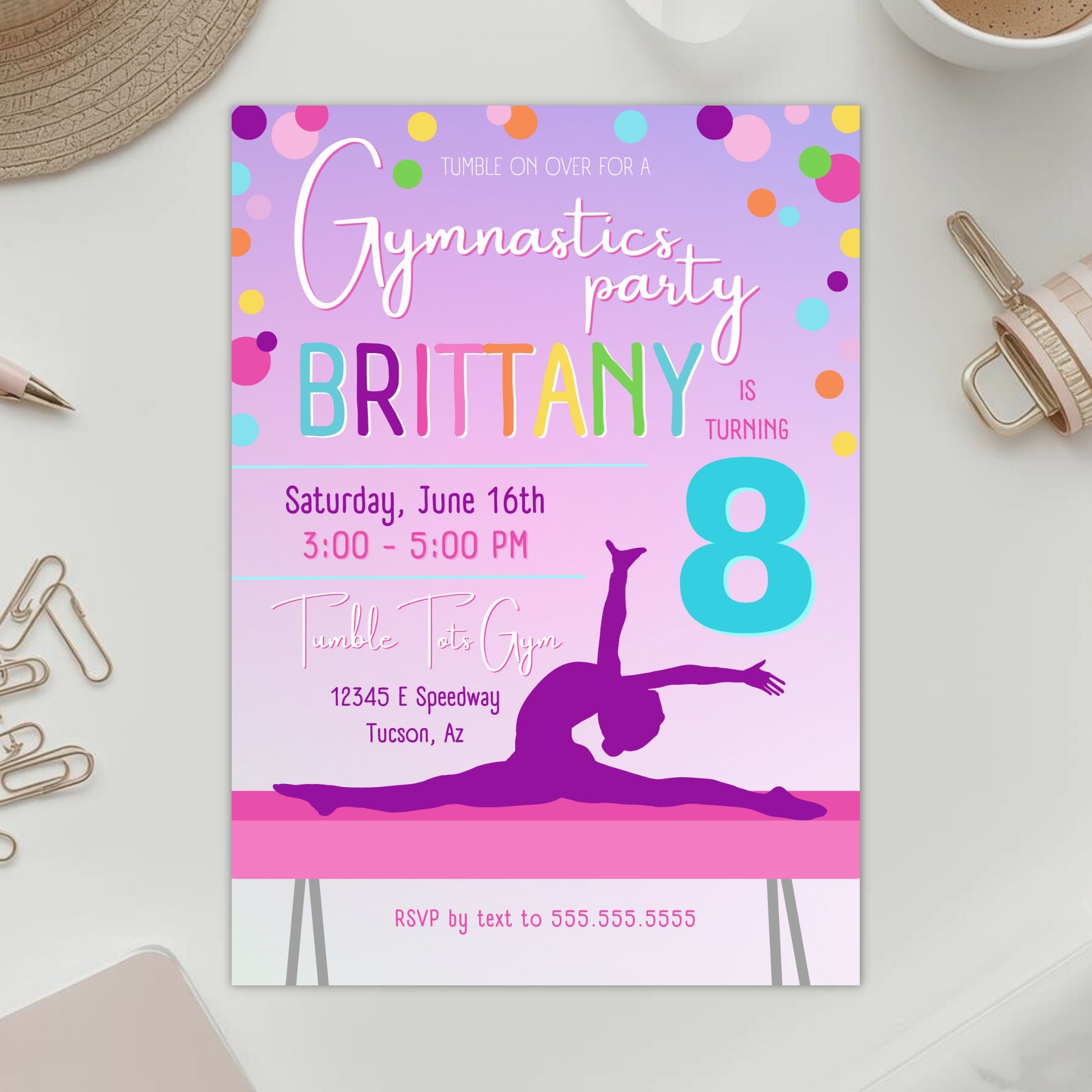 gymnastics birthday invitation template featuring colorful and playful design
