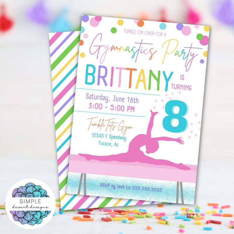 colorful gymnastics birthday party invitation for girls