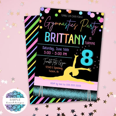 bright rainbow gymnastics birthday party invitation