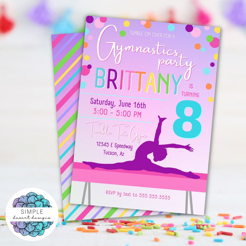 gymnastics birthday party invite rainbow theme purple pink