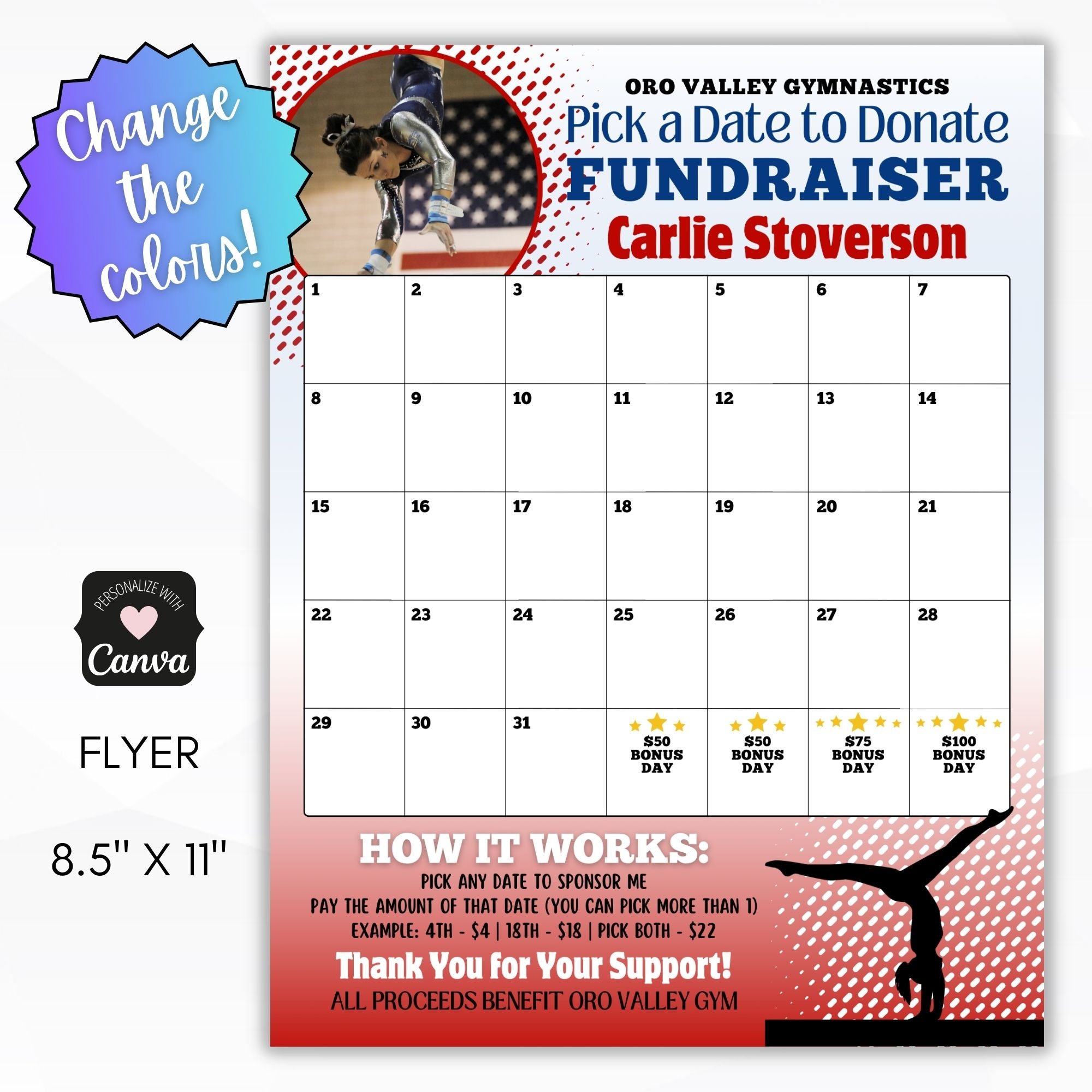 change the colors on gymnastics calendar fundraiser templates