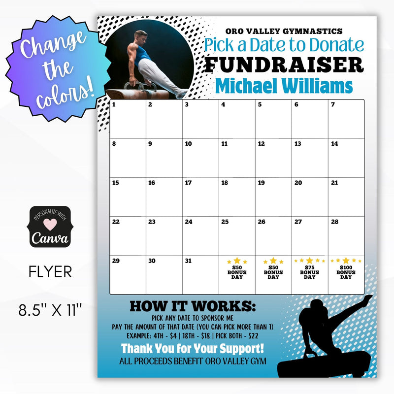 gymnastics calendar fundraiser template with male gymnast graphics