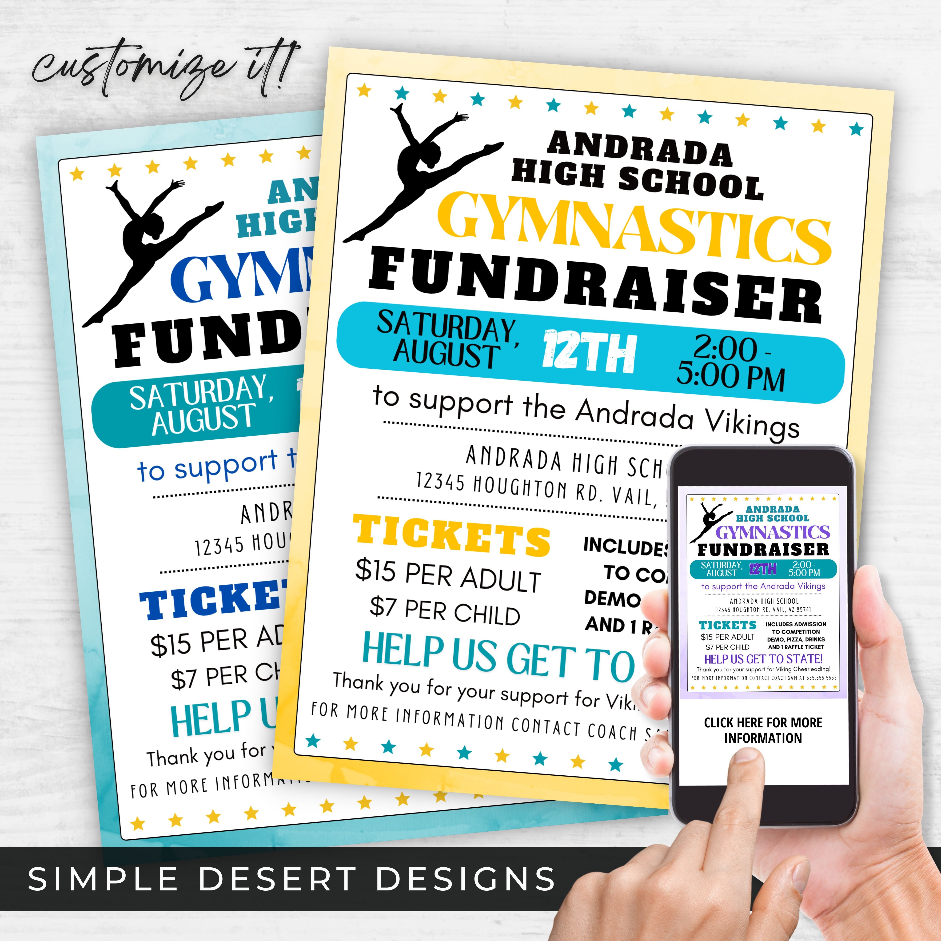 personalized gymnastics flyers with color changing elements to match your club or school colors