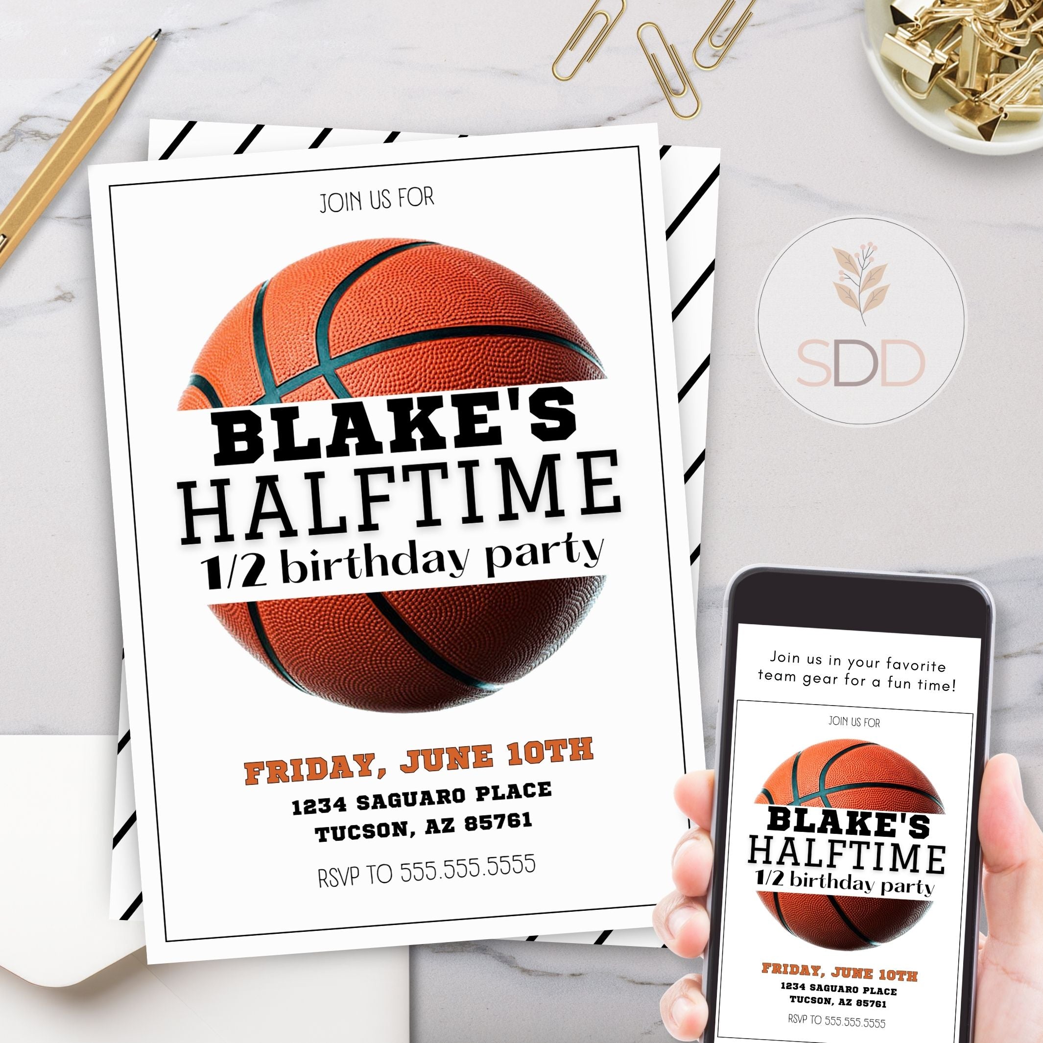 Basketball-themed birthday party invitation with a phone displaying the same design.