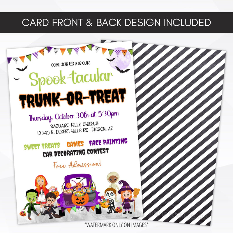 front and back of trunk or treat invitation
