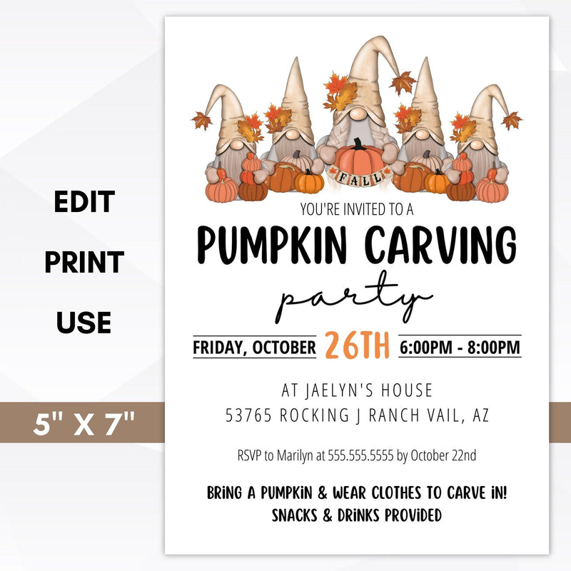 editable halloween gnome pumpkin carving party invitation printable template