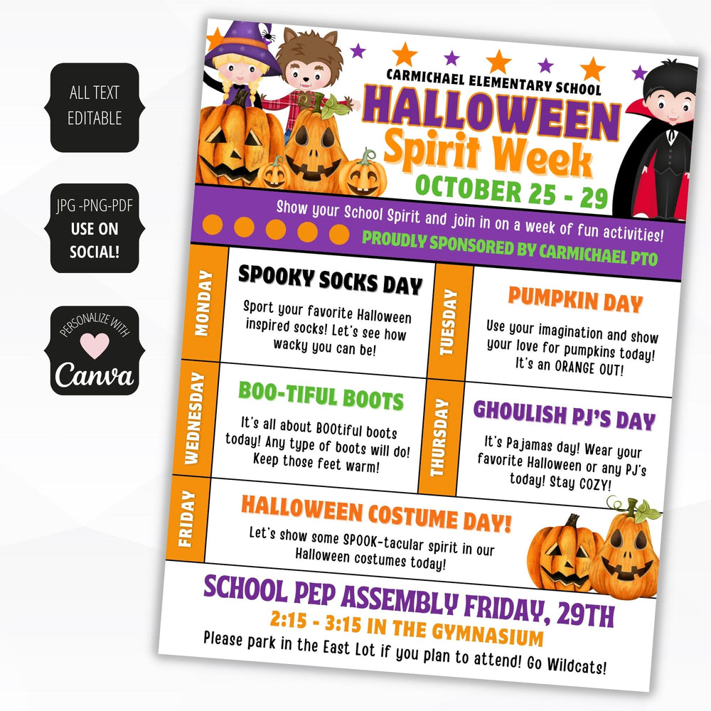 Halloween Spirit Week Itinerary Flyer Template - Simple Desert Designs