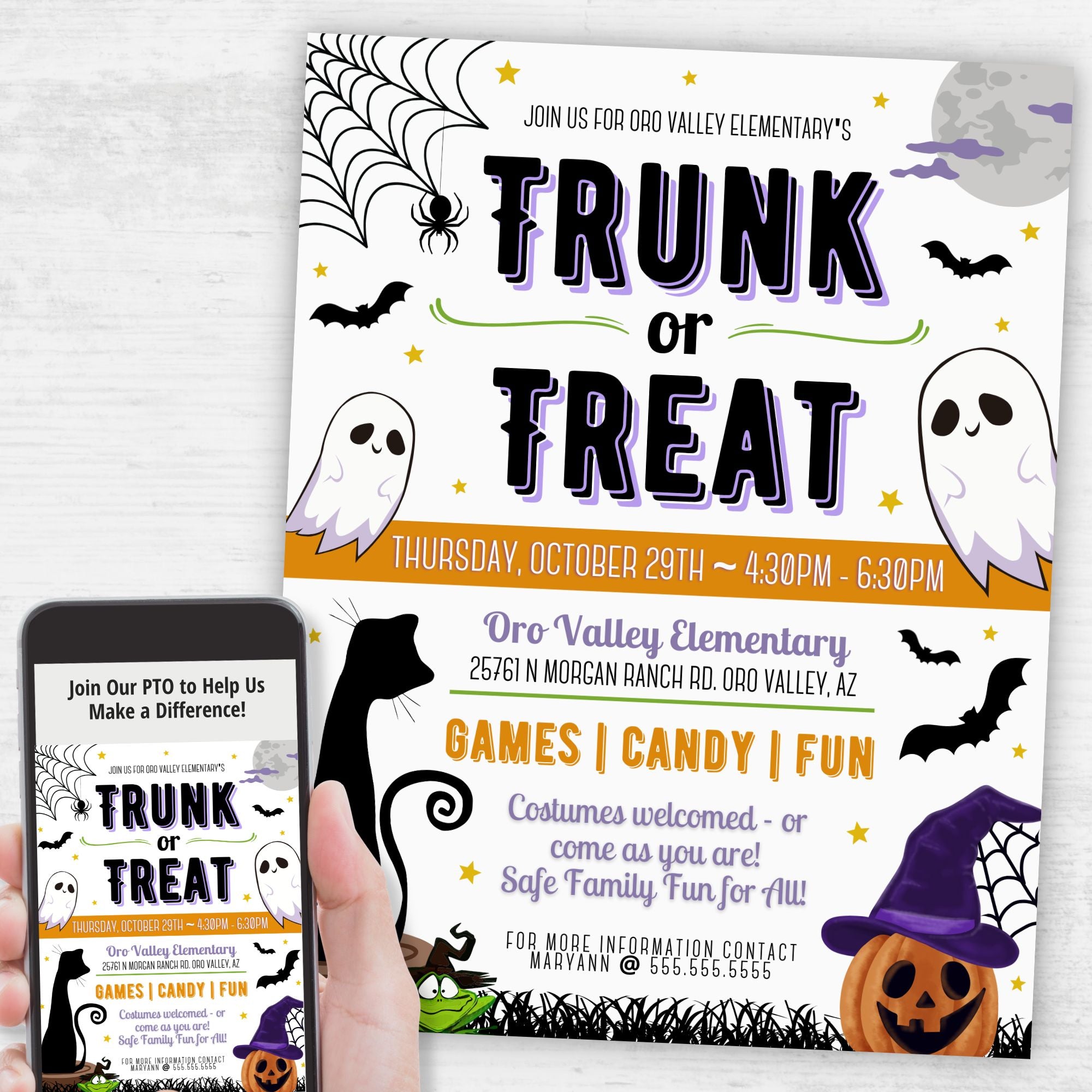 Halloween Trunk or Treat flyer with cute ghosts and pumpkin on white surface and phone.