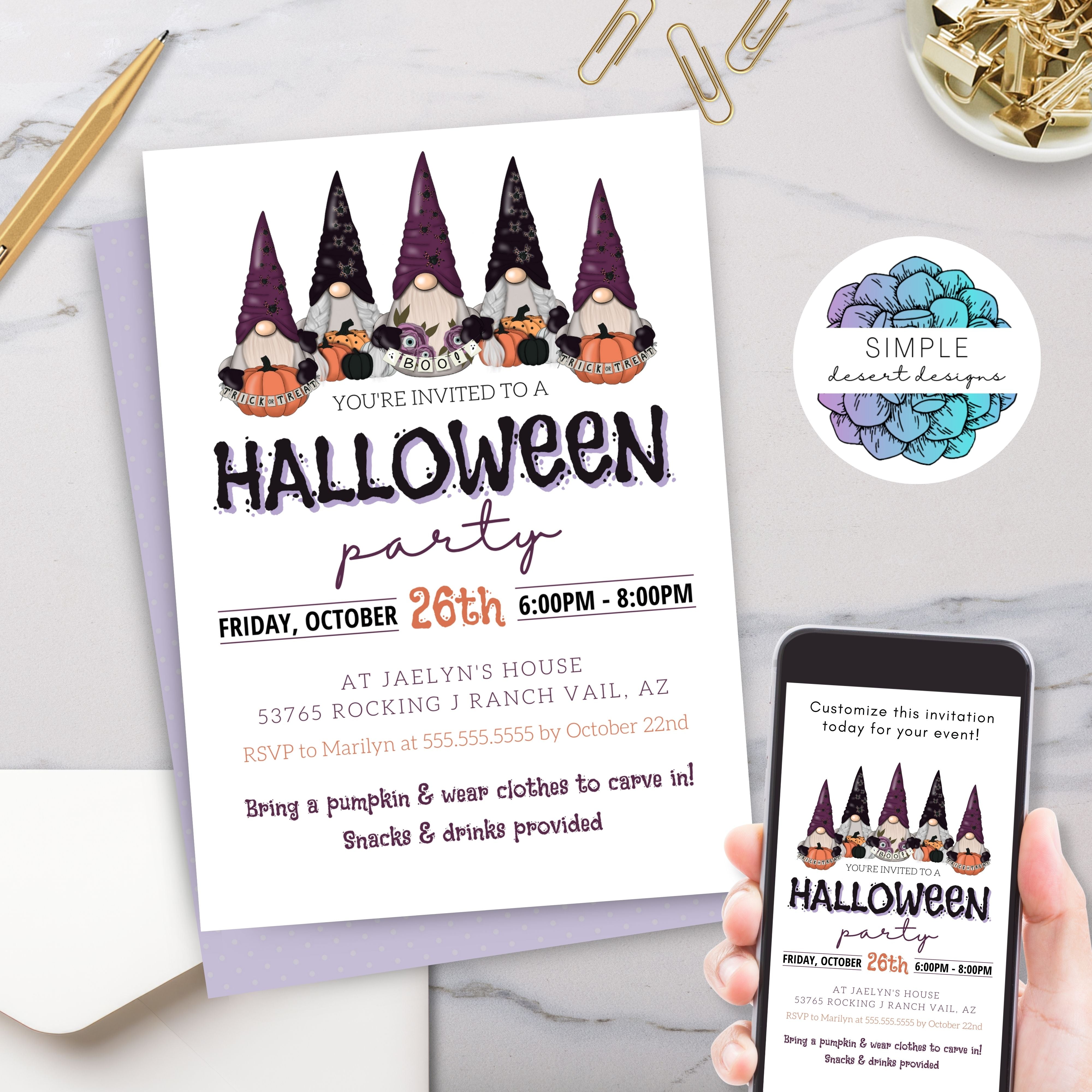 cute personalized halloween party invitation with gnomes