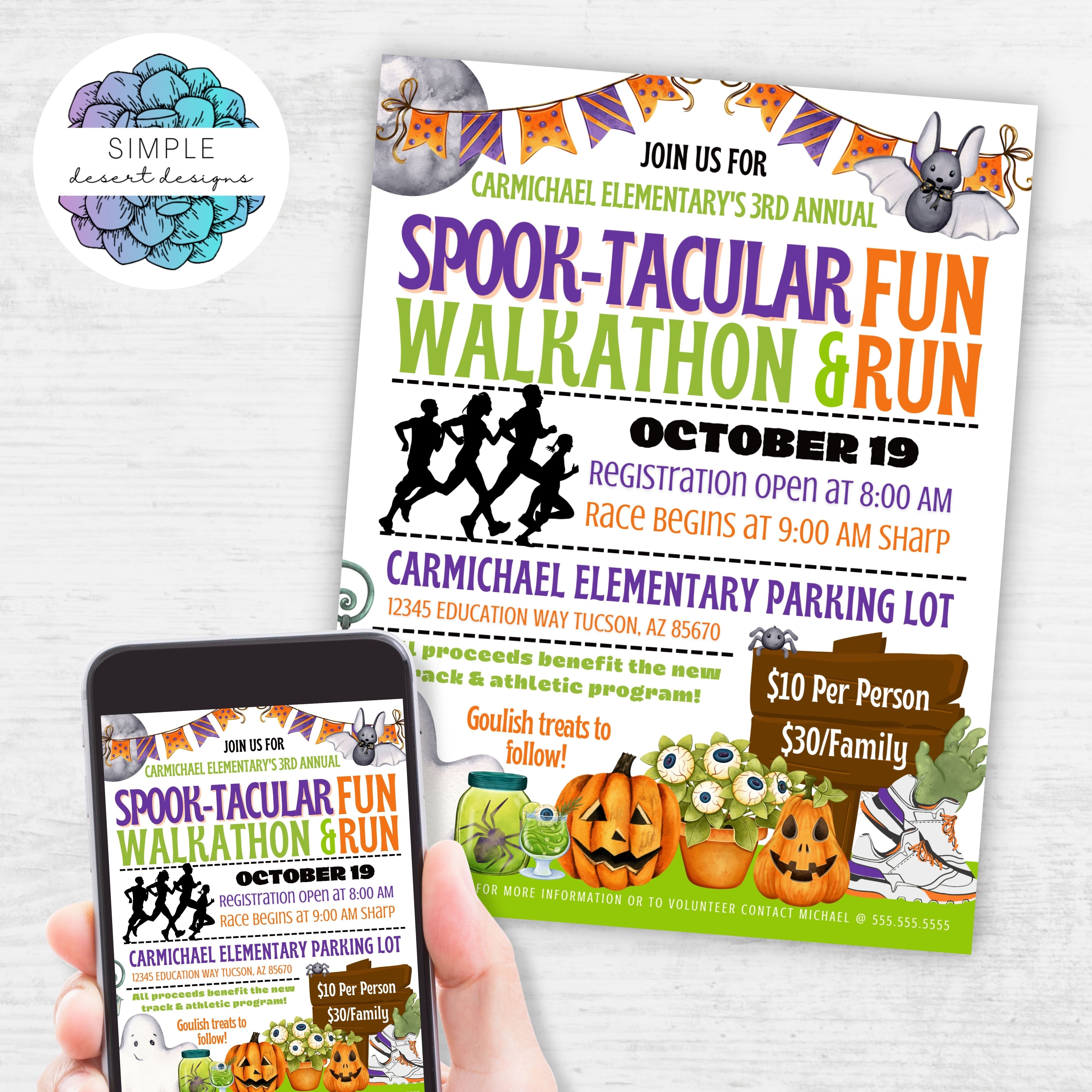 cute halloween walkathon fun run fundraiser flyer for charity event or school fundraising ideas