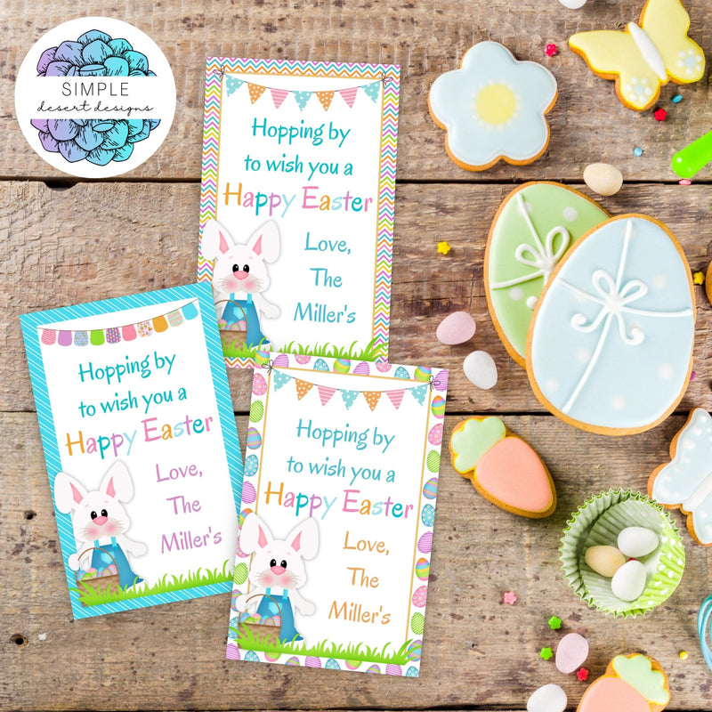 personalized happy easter favor tags with cute easter bunny and basket