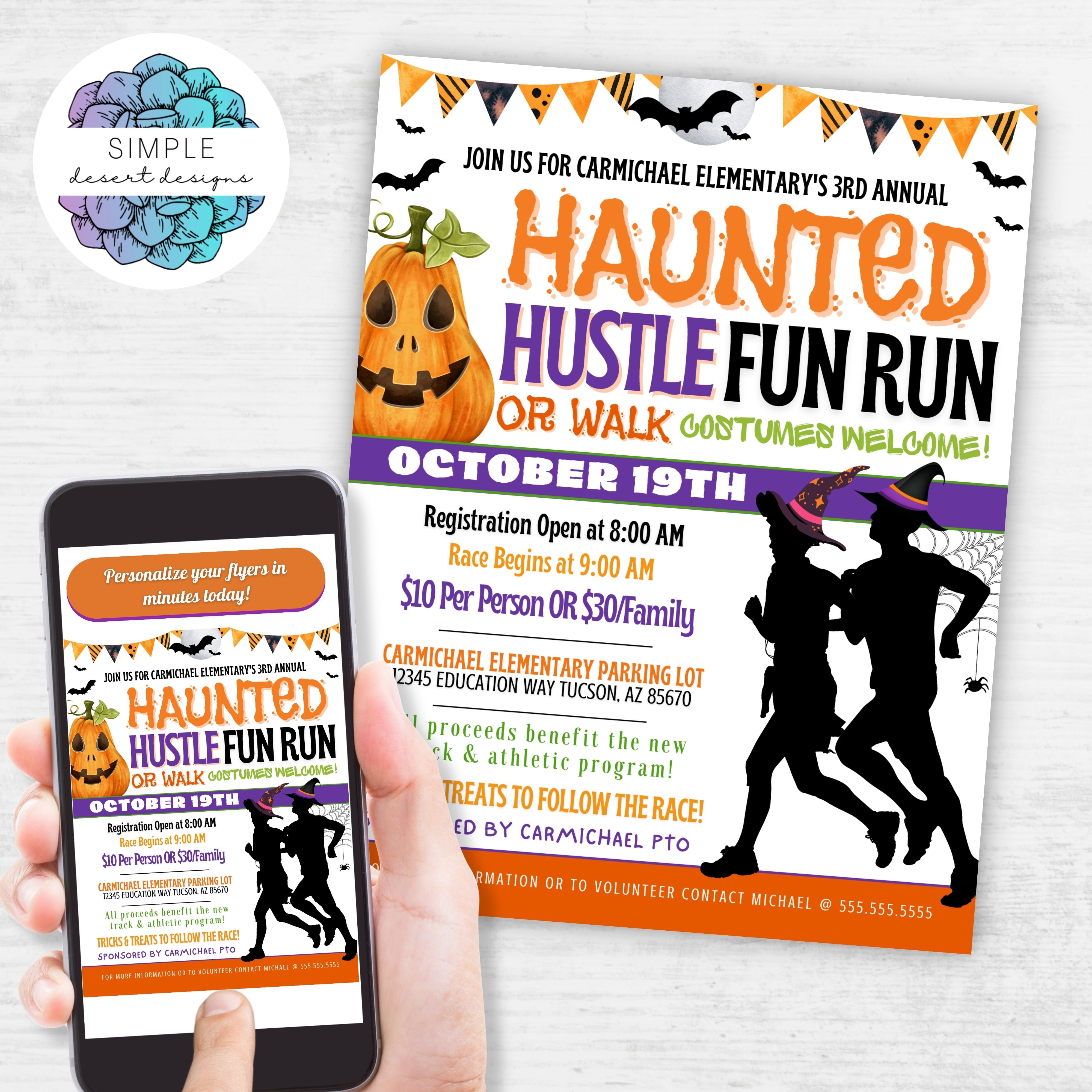 editable haunted hustle costume fun run flyers