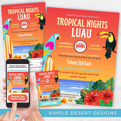 customizable tropical hawaiian luau charity event flyers tickets and social media post bundle