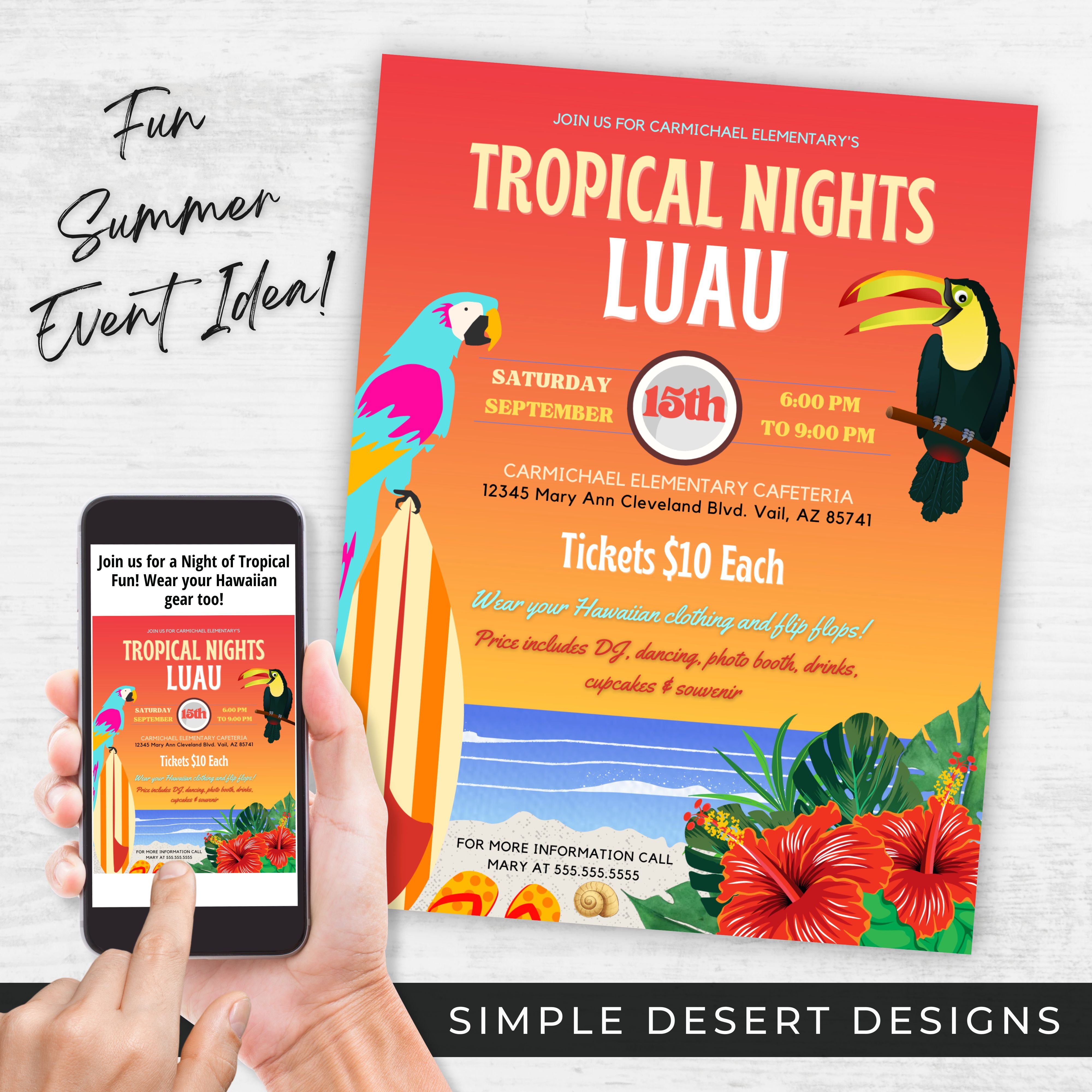 tropical luau hawwaiian event flyer set for fun fundraiser invitaitons