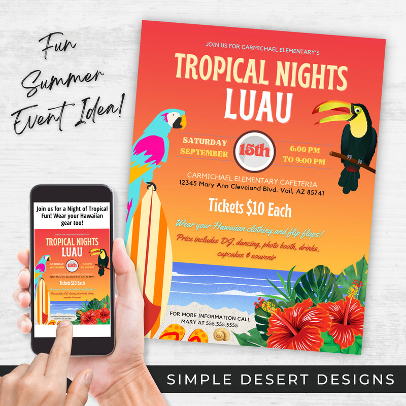 tropical luau hawwaiian event flyer set for fun fundraiser invitaitons