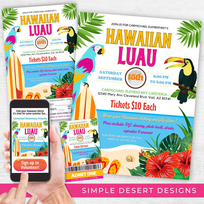 tropical hawaiian luau party fundraiser bundle with flyers poster tickets pre-order forms and social media posts
