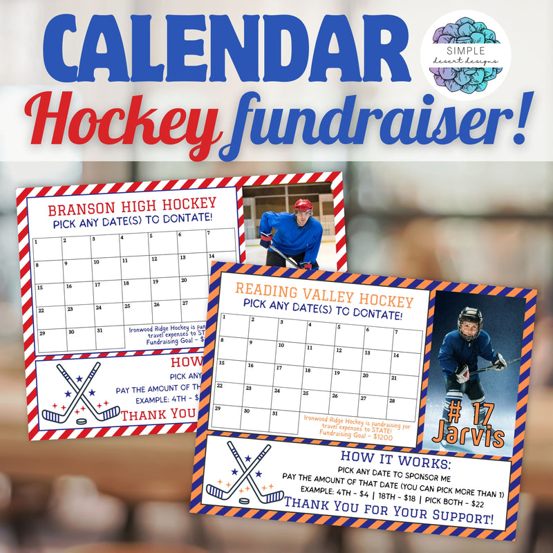 hockey calendar fundraiser template with photo and customizable colors