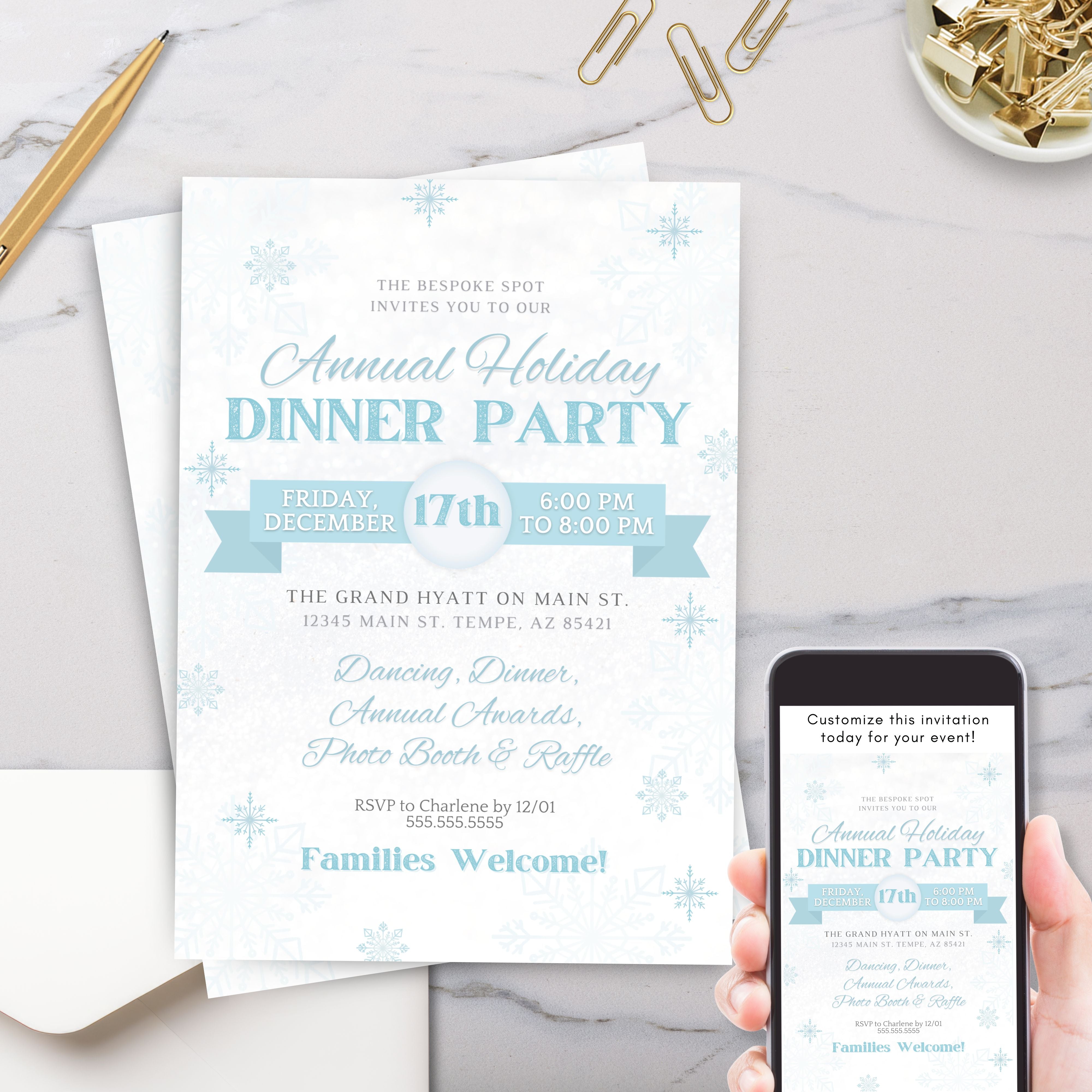 holiday office party dinner party invitation with white and blue snow theme elegant fun