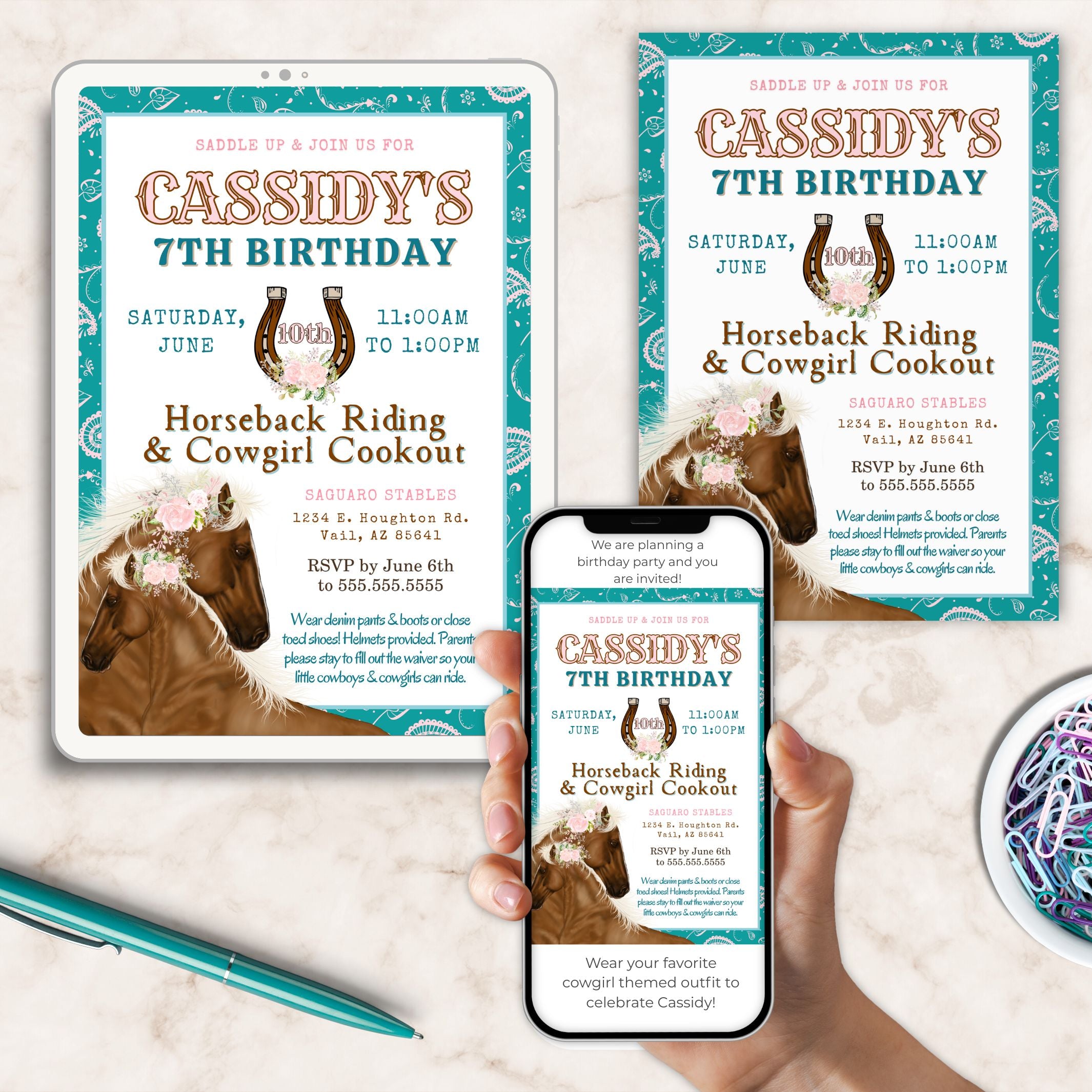 Horseback riding and cowgirl cookout birthday party invitations on a table with a phone displaying the invitation.