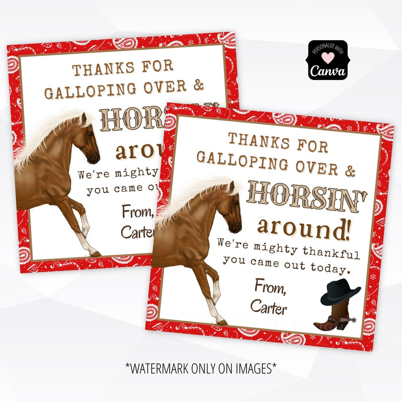 horse theme birthday party thank you tags
