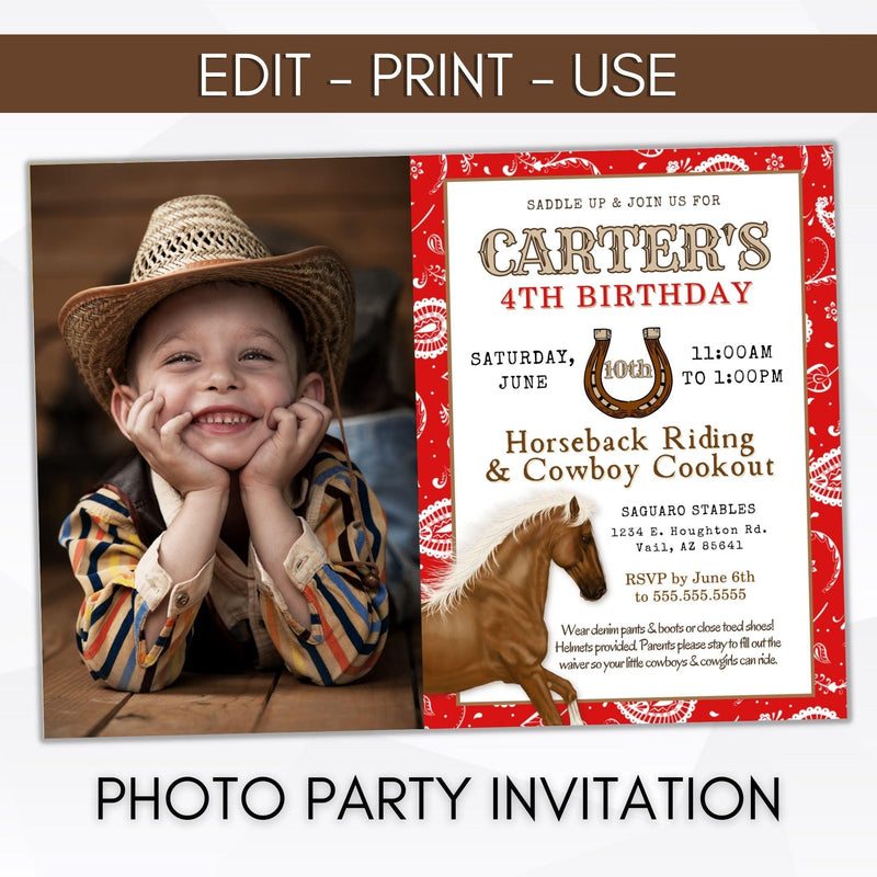 Horseback riding party photo invitation