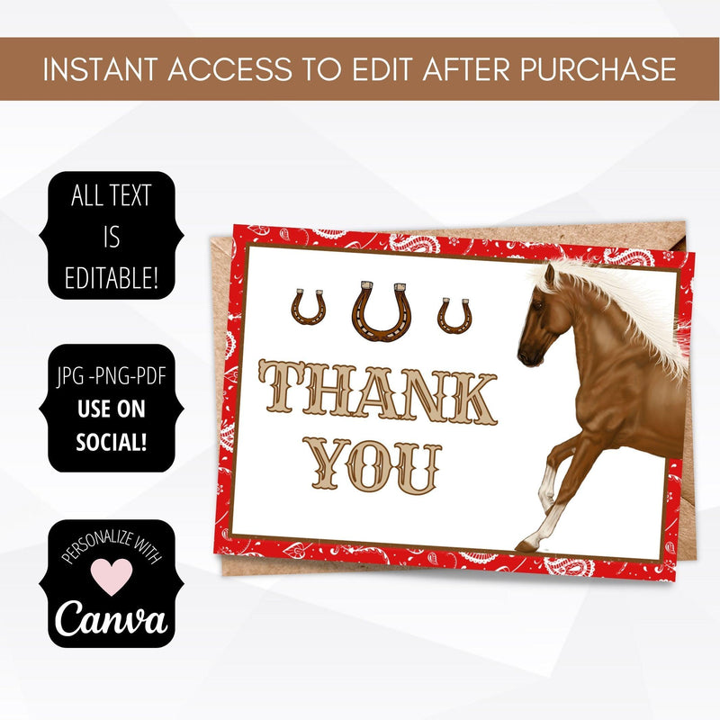 horse theme birthday party thank you cards
