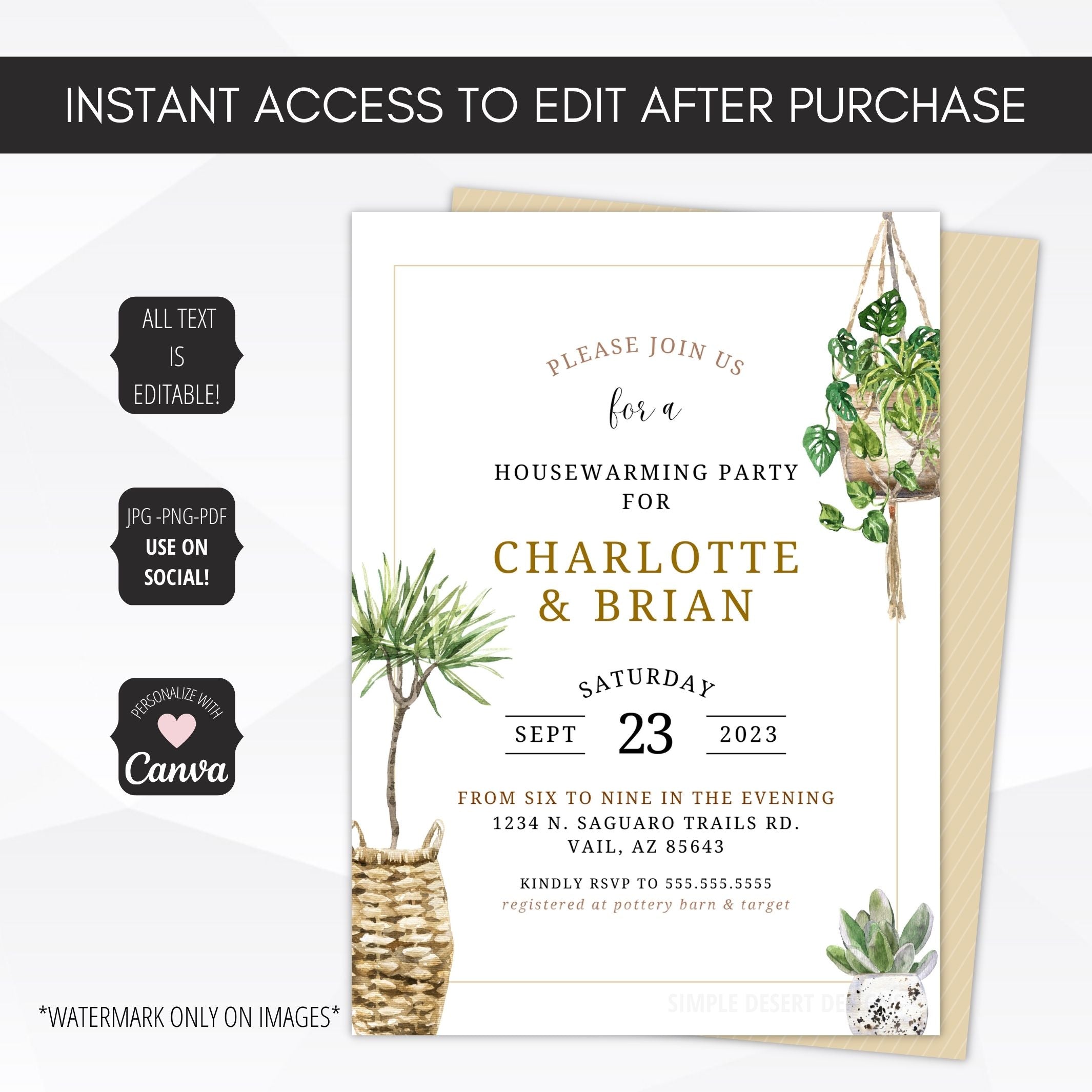 front and back of a botanical greenery housewarming party invitation with editable text in Canva