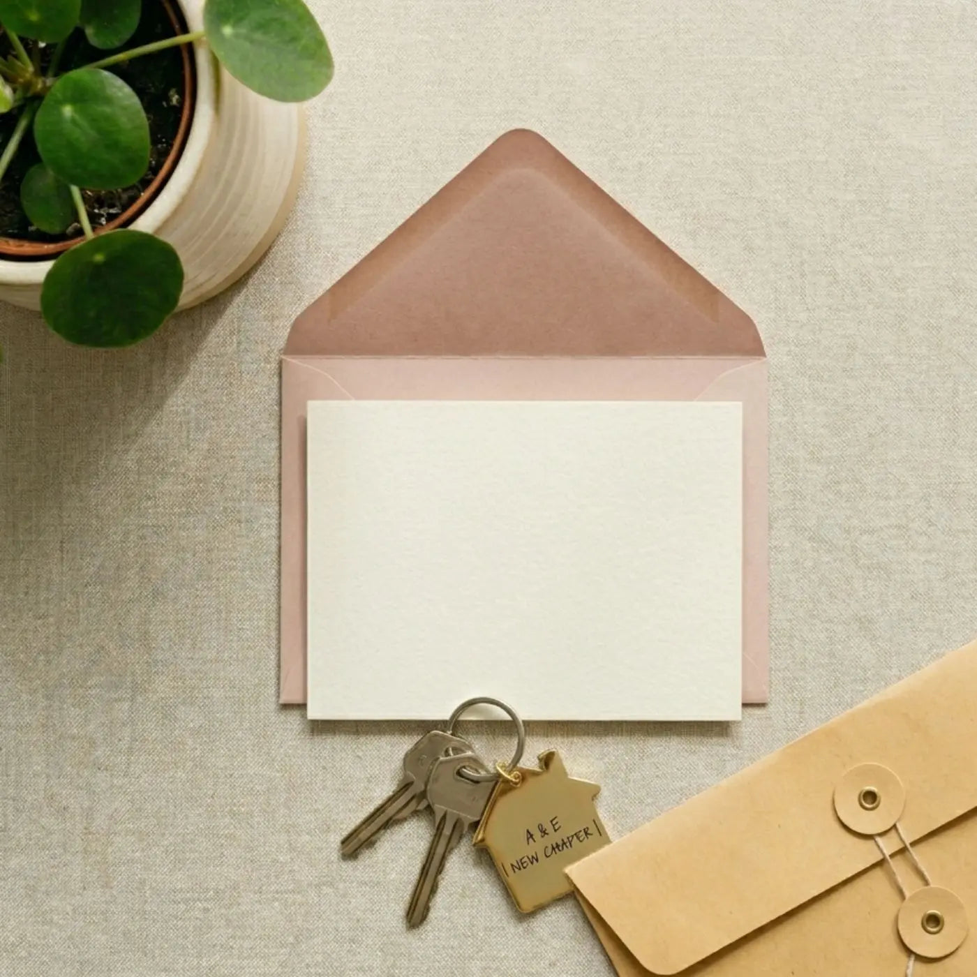 A cream invitation, envelope, housekeys with new home charm and houseplant on neutral beige surface representing housewarming party invitation templates by Simple Desert Designs.