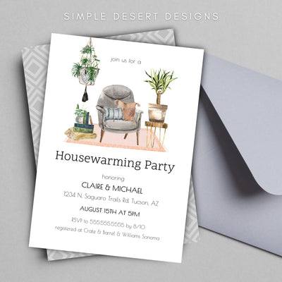 modern boho housewarming party invitation with simple grey envelope