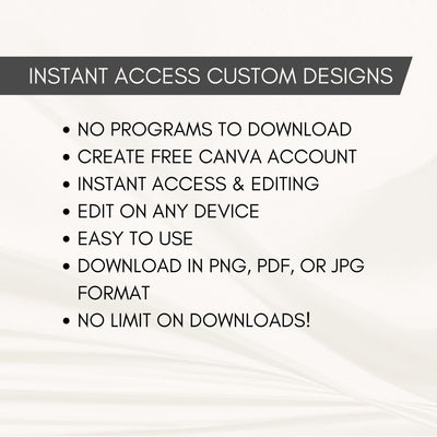 Text detailing features of instant access to customize Simple Desert Designs templates with Canva