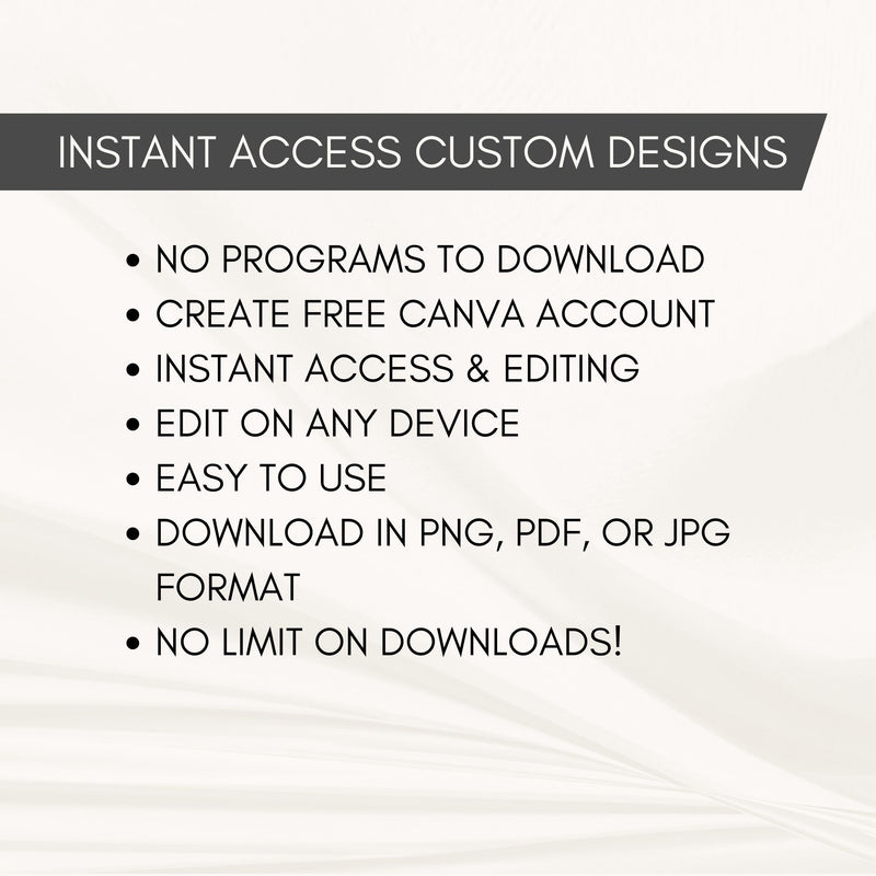 Text detailing features of instant access to customize Simple Desert Designs templates with Canva
