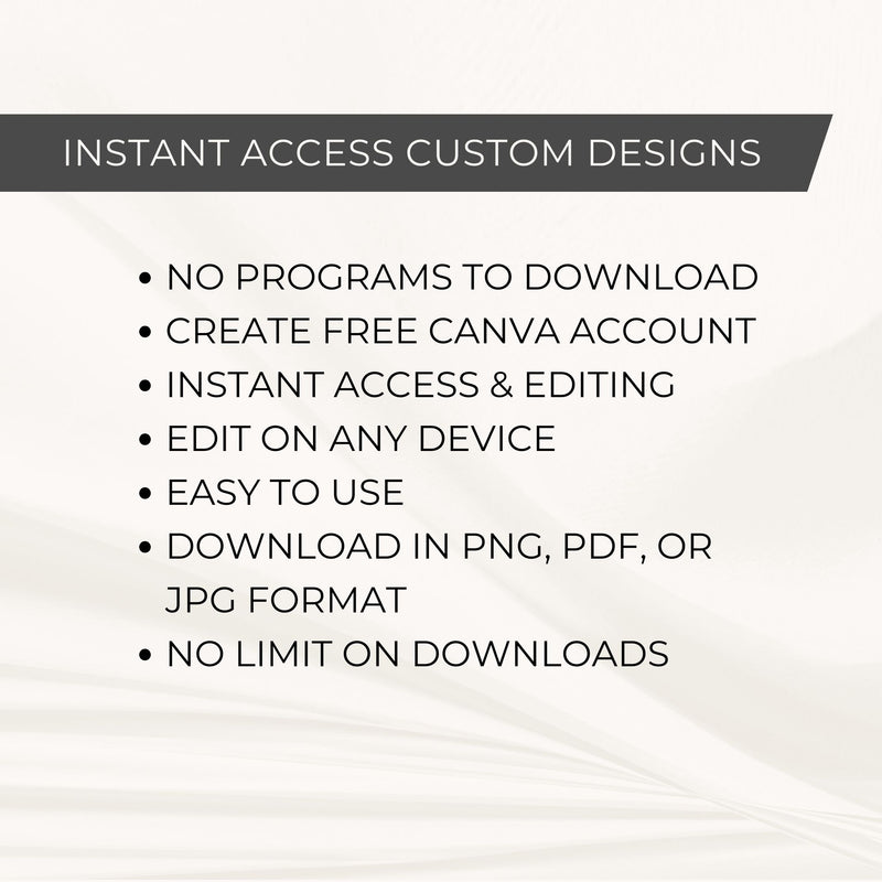 Text detailing features of instant access custom designs on a white background